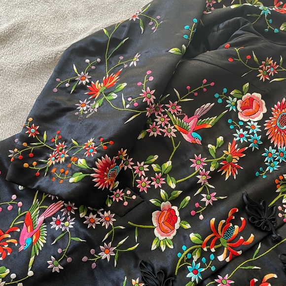Black Chinese vintage hand embroidery floral birds long jacket coat size xs-s - Picture 4 of 16